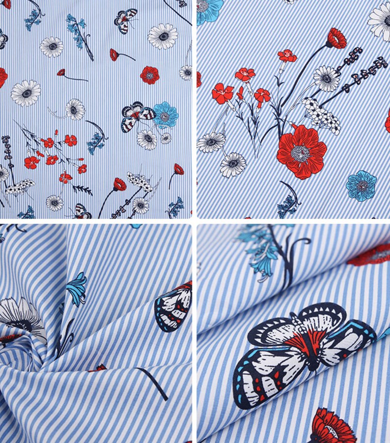 Sold By Metre Vintage Style Blue Red White Pure Cotton Fabric Floral Striped Butterfly Print 100 Cotton Fabric Craft Dressmaking Fabric Fabric Hat Making Hair Crafts