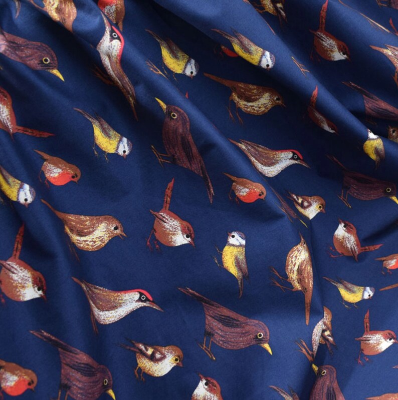 Navy Bird Print Sateen Stretch Cotton Fabric Vintage Style Etsy
