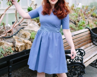 Grey bridesmaid dress, blue slate dress, vintage style dress, midi dress, cotton dress, V neck dress, wedding dress, spring summer, custom