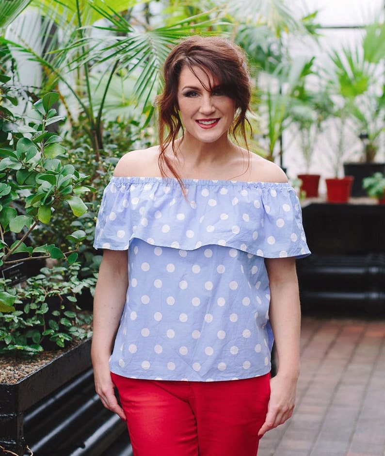 white polka dot off the shoulder top
