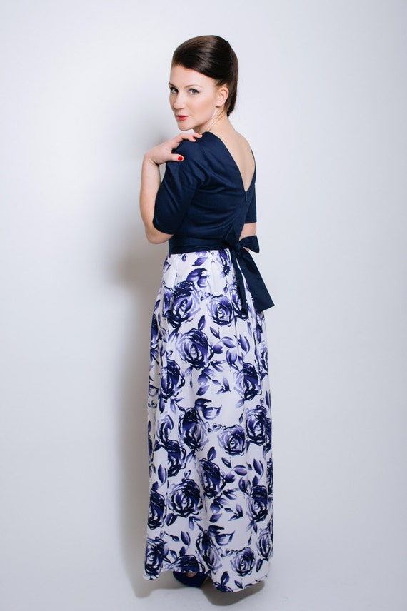 Floral Navy Maxi Dress Open Back Rose Print Dress V Back Etsy