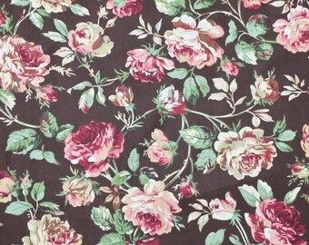 Floral rose print brown chocolate 100% cotton fabric, vintage style red pure cotton fabric, craft dressmaking fabric, sold by yard