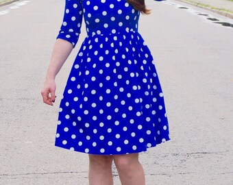 Polka dot dress, royal blue polka dot dress, vintage style dress, spring summer, bridesmaid dress, spotted dress, large spots dress, custom