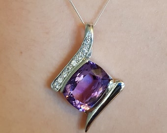 Handmade 925 Silver Pendant with Large Natural Amethyst and Ceylon White Sapphires