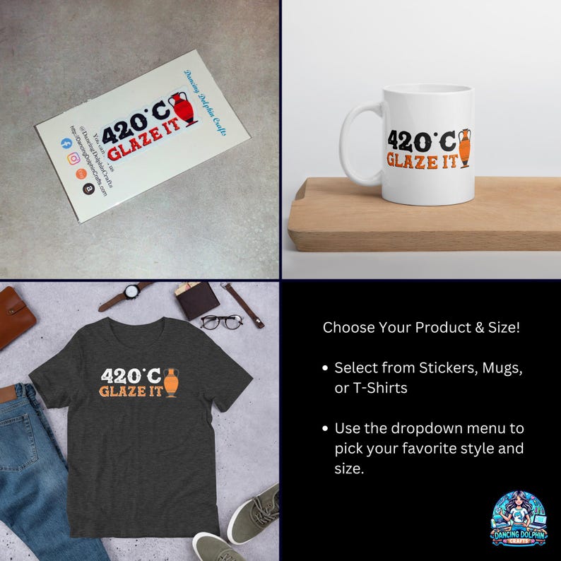 May include: A black t-shirt with the text "420&deg;C GLAZE IT" and a graphic of a clay pot. The shirt is displayed on a table with a pair of jeans, a wallet, a watch, and glasses. A white mug with the same design is shown on a wooden coaster. A business card with the same design is also shown.