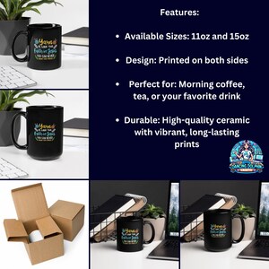 May include: Black ceramic mug with the text "Yarn is like the faith in Jesus, you can never have too much." The mug is printed on both sides and available in 11oz and 15oz sizes. The mug is durable and made of high-quality ceramic.