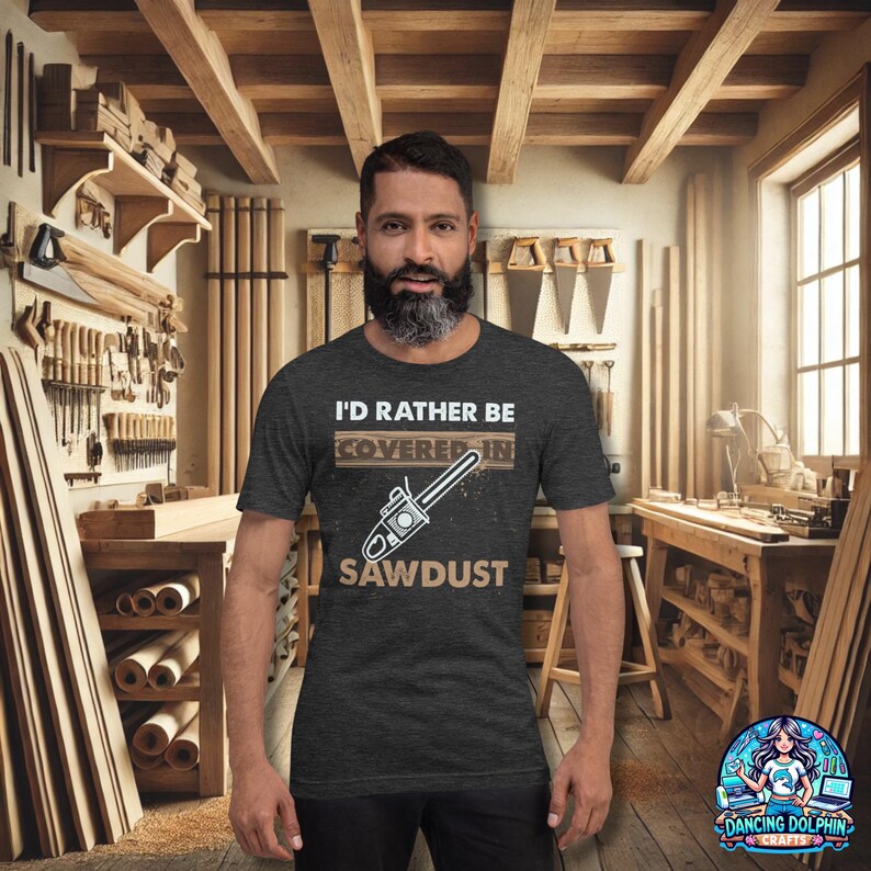 K&ouml;nnte beinhalten: Ein dunkel-melierter grauer T-Shirt mit einem abgenutzten Grafikdruck einer Kettens&auml;ge und dem Text "I'd rather be covered in sawdust".