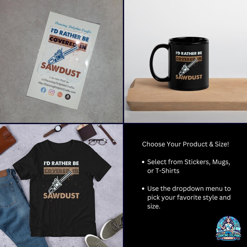 K&ouml;nnte beinhalten: Ein schwarzes T-Shirt mit einer wei&szlig;en Grafik einer Kettens&auml;ge und dem Text "I'd rather be covered in sawdust". Das Shirt wird auf einer ebenen Fl&auml;che mit einer Jeans, einer Brieftasche und einer Brille gezeigt.