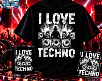 I Love Techno Sticker, Mug or T-Shirt, Techno Rave Music Gift