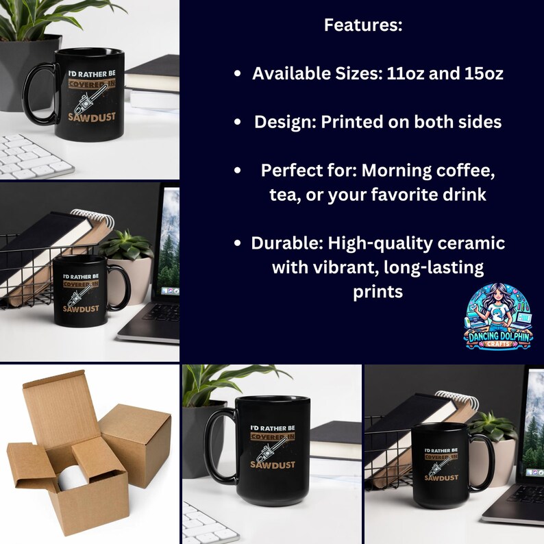 K&ouml;nnte beinhalten: Schwarze Keramik-Kaffeetasse mit einem wei&szlig;en Design, auf dem "Ich w&auml;re lieber mit S&auml;gemehl bedeckt" steht. Die Tasse ist in den Gr&ouml;&szlig;en 11oz und 15oz erh&auml;ltlich.