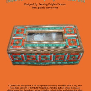 Könnte beinhalten: Ein rechteckiger Taschentuchbox-Bezug aus Kunststoffgewebe mit einem geometrischen Muster in Orange, Türkis und Weiß. Der Text Southwestern Beauty Regular Tissue Box, Designed By: Dancing Dolphin Patterns, http://plastic-canvas.com ist zu sehen.