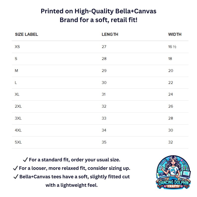 May include: Size chart for Bella+Canvas brand t-shirts, printed on high-quality fabric. The chart shows the length and width in inches for sizes XS to 5XL.