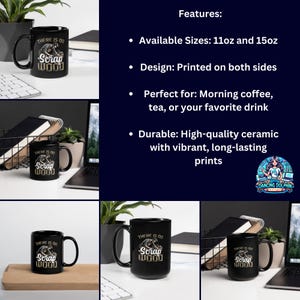 May include: Black ceramic mug with a gold design that says "There is no Scrap Wood". The mug is shown on a wooden surface with a laptop and a plant in the background.