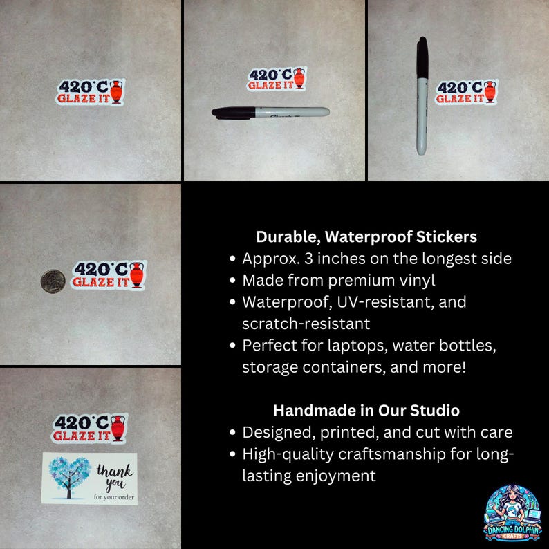 May include: Three 420&deg;C Glaze It stickers with a red and white ceramic pot design. The stickers are approximately 3 inches wide and are printed on waterproof, UV-resistant vinyl. The stickers are shown on a white background.