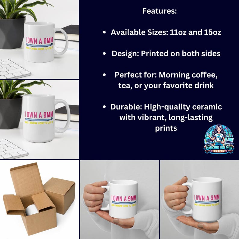 K&ouml;nnte beinhalten: Eine wei&szlig;e Keramiktasse mit einer schwarzen und gelben Grafik, auf der "I own a 9mm and I know how to use it" steht. Die Tasse ist in den Gr&ouml;&szlig;en 11oz und 15oz erh&auml;ltlich.