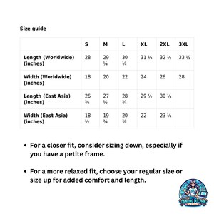 May include: Size guide chart for clothing with measurements in inches. The chart shows the length and width of the clothing in inches for different sizes: S, M, L, XL, 2XL, and 3XL. The chart also includes measurements for worldwide and East Asia sizing.