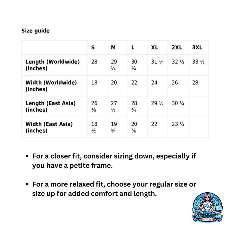 May include: Size guide chart for clothing with measurements in inches. The chart shows the length and width of the clothing in inches for different sizes: S, M, L, XL, 2XL, and 3XL. The chart also includes measurements for worldwide and East Asia sizing.