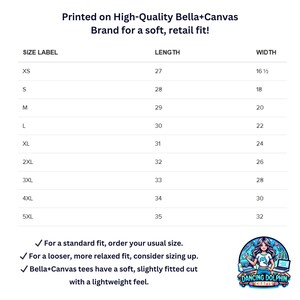 K&ouml;nnte beinhalten: Gr&ouml;&szlig;entabelle f&uuml;r T-Shirts der Marke Bella+Canvas, die L&auml;ngen- und Breitenma&szlig;e in Zoll f&uuml;r die Gr&ouml;&szlig;en XS bis 5XL zeigt. Die Tabelle enth&auml;lt auch Informationen &uuml;ber Standard- und Relaxed Fit.