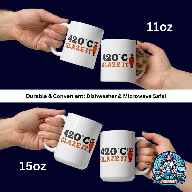 May include: Two white ceramic mugs with a black and orange design. The mugs feature the text "420&deg;C Glaze It" and a graphic of a clay pot. The mugs are available in 11oz and 15oz sizes.