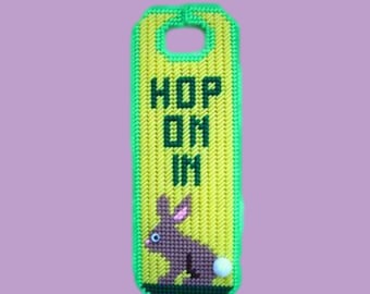 Hop on In - Easter Door Hanger – Plastic Canvas Pattern – DIY Easter Décor - Adorable Bunny with Pom Pom Tail and Googly Eyes