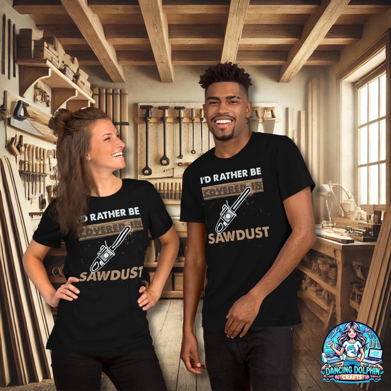 K&ouml;nnte beinhalten: Zwei Personen tragen schwarze T-Shirts mit einem wei&szlig;en Grafikdesign. Das Grafikdesign zeigt eine Kettens&auml;ge und den Text "I'd rather be covered in sawdust".