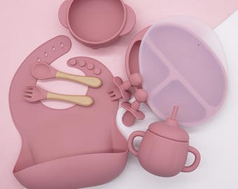 Juego de alimentación de silicona para bebés de 8 piezas / Juego de comedor para destete dirigido por bebés / Regalo para baby shower / Regalo para el primer cumpleaños del bebé / Regalo para niña