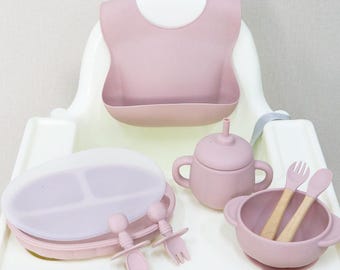 Juego de alimentación de silicona para bebés de 8 piezas / Juego de comedor para destete dirigido por bebés / Regalo para baby shower / Regalo para el primer cumpleaños del bebé / Regalo para niña