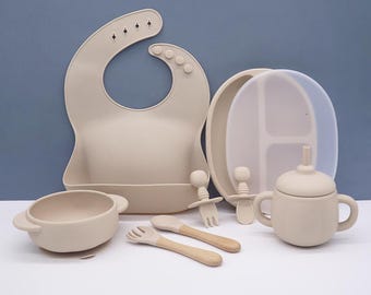 Juego de alimentación de silicona para bebés de 8 piezas / Juego de comedor para destete dirigido por bebés / Regalo para baby shower / Regalo para el primer cumpleaños del bebé / Niña / Neutral