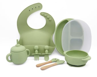 Juego de alimentación de silicona para bebés de 8 piezas / Juego de comedor para destete dirigido por bebés / Regalo para baby shower / Regalo para el primer cumpleaños del bebé / Regalo para bebé niño