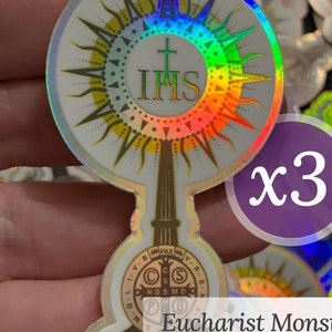 3-pack, Eucharistic Monstrance, Holographic Vinyl Stickers | 3&quot; x 1.5&quot; | Catholic Sticker | Adoration | Laptop Phone Tumbler/Bottle