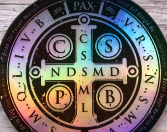 Saint Benedict Medal Holographic Stickers | Spiritual Warfare | Catholic Sticker | Vinyl Sticker | Laptop Phone Vehicle Tumbler Case