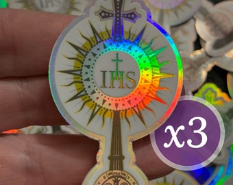 3-pack, Eucharistic Monstrance, Holographic Vinyl Stickers | 3" x 1.5" | Catholic Sticker | Adoration | Laptop Phone Tumbler/Bottle