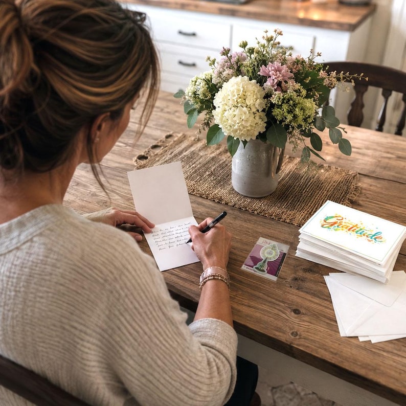 May include: A white greeting card with the word Gratitude in colourful script on the front, being written on with a black pen. A stack of identical cards and envelopes sits nearby, alongside a small sticker and a vase of white and pink flowers.