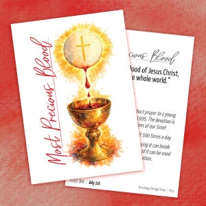 May include: Two white cards with watercolor illustrations. One card features a golden chalice, a host with a cross, and the words "Most Precious Blood." The second card has text about the devotion.