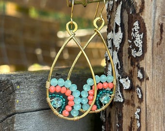 Boho Beaded Brass Teardrop Earrings, Wire Wrapped, Handmade, One of a Kind, Dangle, Mixed Color, Statement, Crystal Bead Earrings