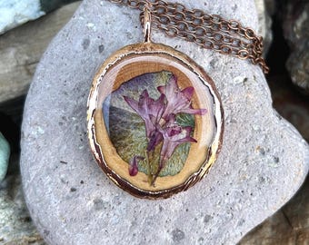 Pressed Flower Copper Electroformed Pendant, Nature Jewelry, Real Flowers, Botanicals, Floral, Earthy, Organic, Gift Ideas, Wooden Necklace