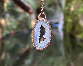 Geode Slice Pendant, Agate Jewelry, Copper Electroforming, Bright Copper, Natural, Rock Slice, Hippie, Electroformed Necklace
