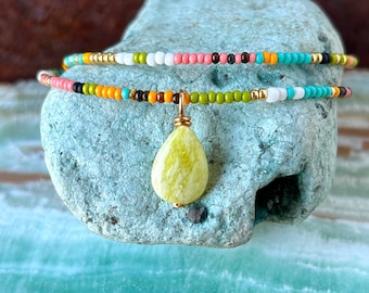 Dainty Multicolor Beaded Necklace with Lemon Jasper Pendant, Small Seed beads, Colorful, Patterned, Layering Necklace