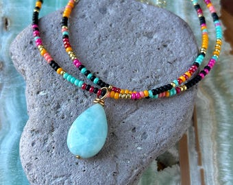 Larimar Pendant on a Small, Dainty, Multicolored Seed Bead Necklace, Simple Boho Jewelry, Mixed Color, Layering, Summer, Colorful Necklace