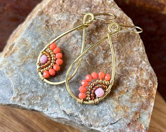 Orange and Pink Teardrop Beaded Earrings, Multicolored, Handmade, One of a Kind, Colorful, Statement, Boho Gift Ideas, Brass Dangle Earrings