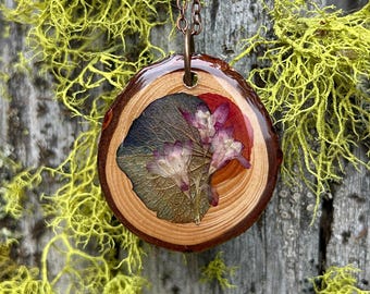 Wood Pendant, Pressed Botanicals, Natural Wood Jewelry, Real Flower, Wood Slice, Tree Branch, Forest, Pink, Floral, Earthy, Wooden Necklace