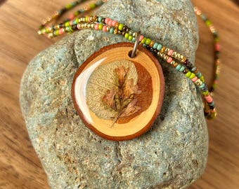Multicolored Seed bead Necklace with Floral Wood Pendant, Natural Earth Tone, Autumn Colors, Statement, Pressed Flowers, Rustic Boho Pendant
