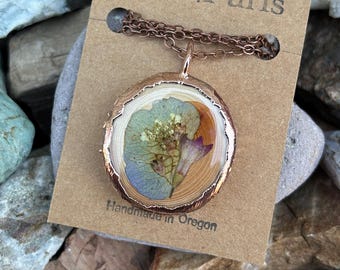 Nature Pendant, Real Flower Jewelry, Wildflowers, Flowers and Resin, Wood Slice, Tree Branch, Floral, Unique, Electroformed Copper Necklace