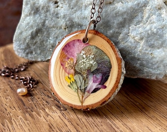 Whimsical Nature Pendant, Real Flower Jewelry, Wood and Resin, Cottage Core Necklace, Tree, Tiny Blooms, Dandelions, Whimsy, Garden Jewelry