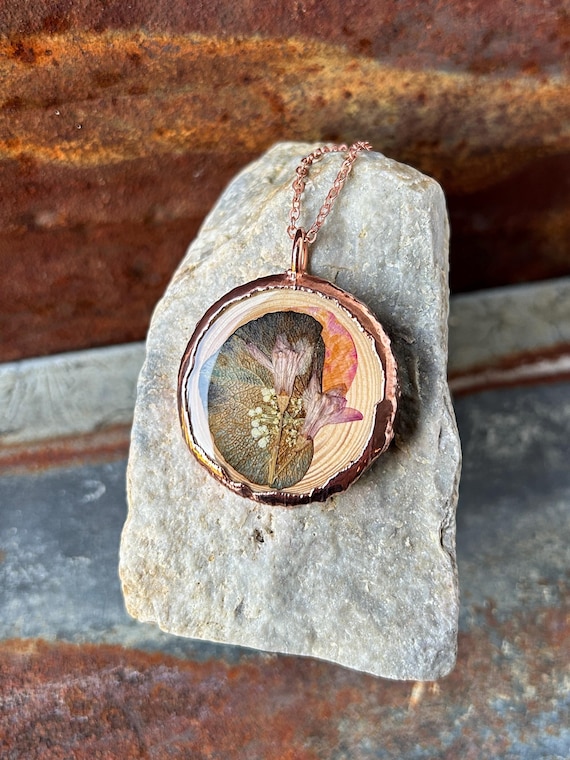 Botanical Pendant, Electroformed Jewelry, Real Flowers, Copper Necklace, Wood Slice, Wearable Art, Flowers in Resin, Nat