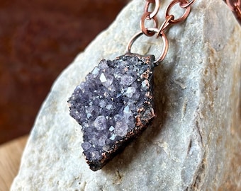Natural Raw Amethyst Cluster Pendant, Electroformed, Druzy, Rough, Sparkly, Geode, Copper, Amethyst Necklace