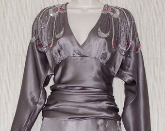 Casadei Taupe Silk Long Sleeve Beaded Sequined Formal Vintage  Dress Size 12 (fit 6-8)