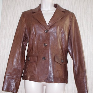 Calvin Klein Brown Genuine Leather Button Front Women Jacket Blazer Size:L