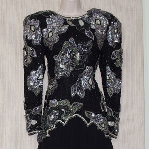 Black Tie  Made by He-Ro Industries Black Silk Beaded Sequin Big Shoulder Long Sleeve Cocktail Dress Size Vintage 10