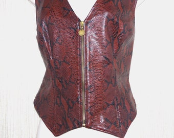 Vakko Leather Brown Snake print Zip Vest Vintage Size: L